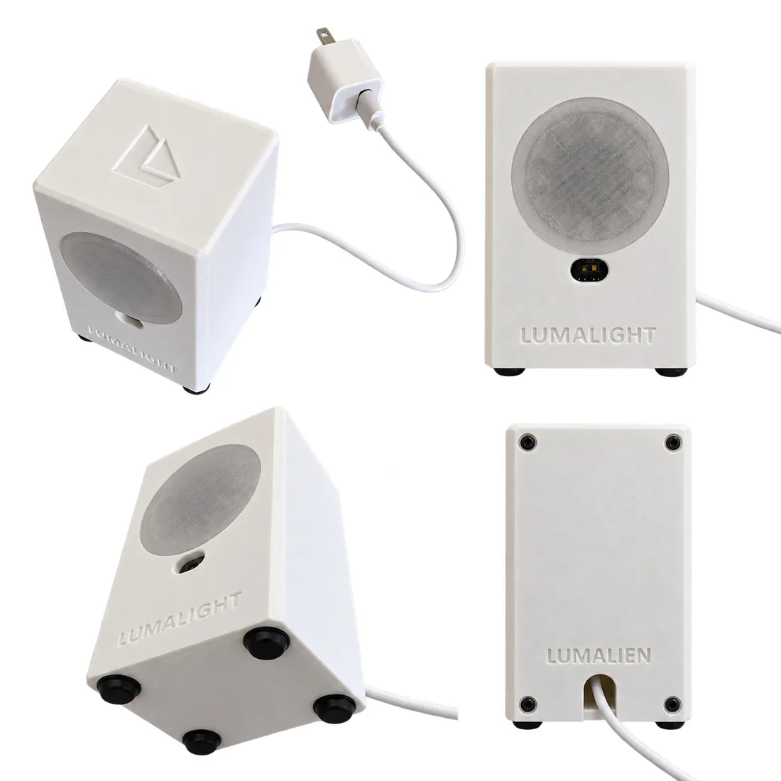 LumaLight from four angles: the top with the Lumalien mark, the front with its diffuser and sensor window, the base with four feet, and the screwed-on back panel