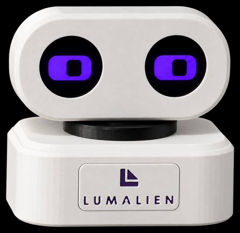 AELX-2 head-on: a white pill-shaped head with two round displays showing violet eyes, on a white base carrying the Lumalien badge