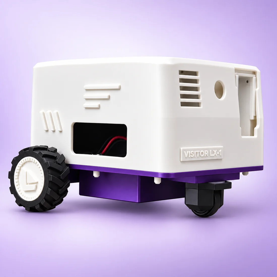The Printed Builder Kit assembled: printed shell, purple chassis, a treaded wheel and the ball caster, lit on a pale lilac backdrop