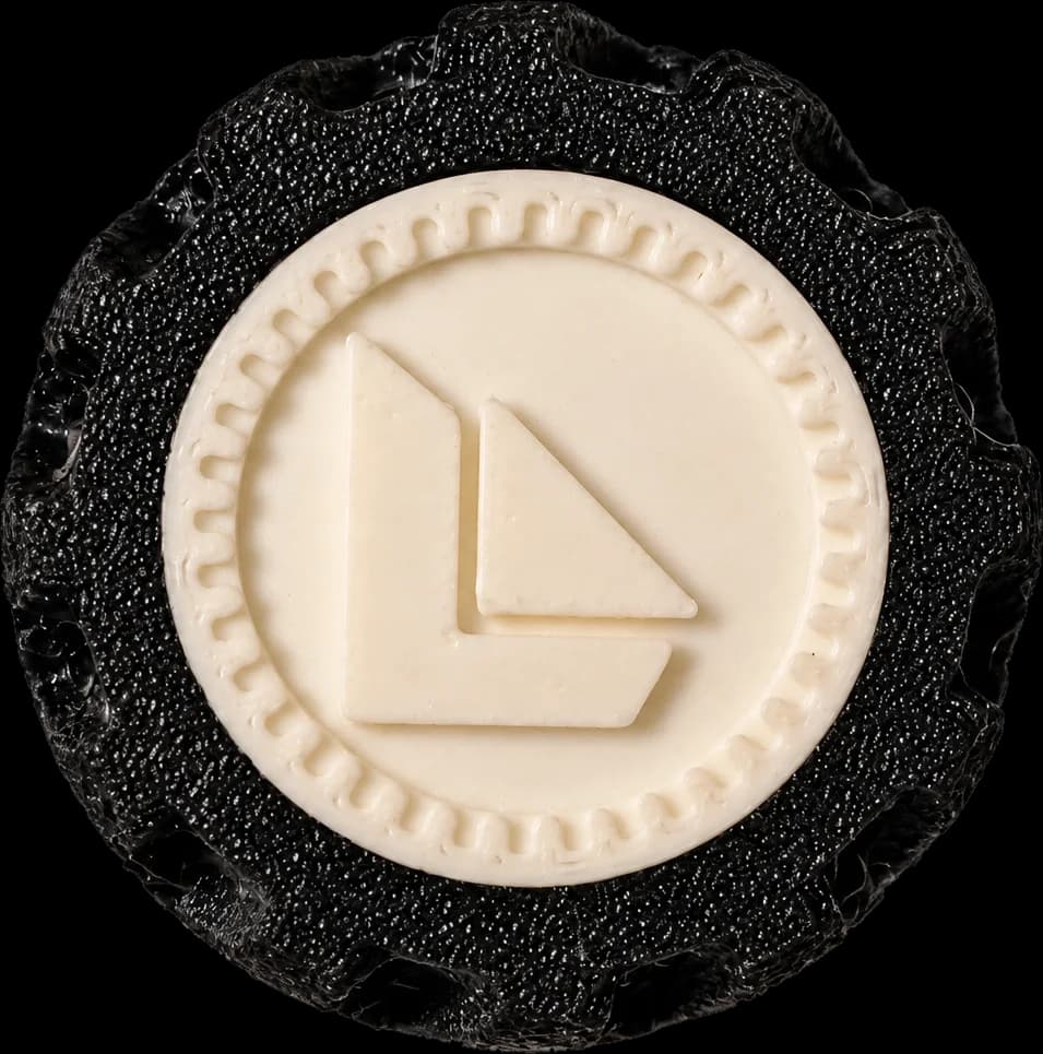 A VISITOR LX-1 wheel head-on, black TPU tread around a printed hub embossed with the Lumalien mark