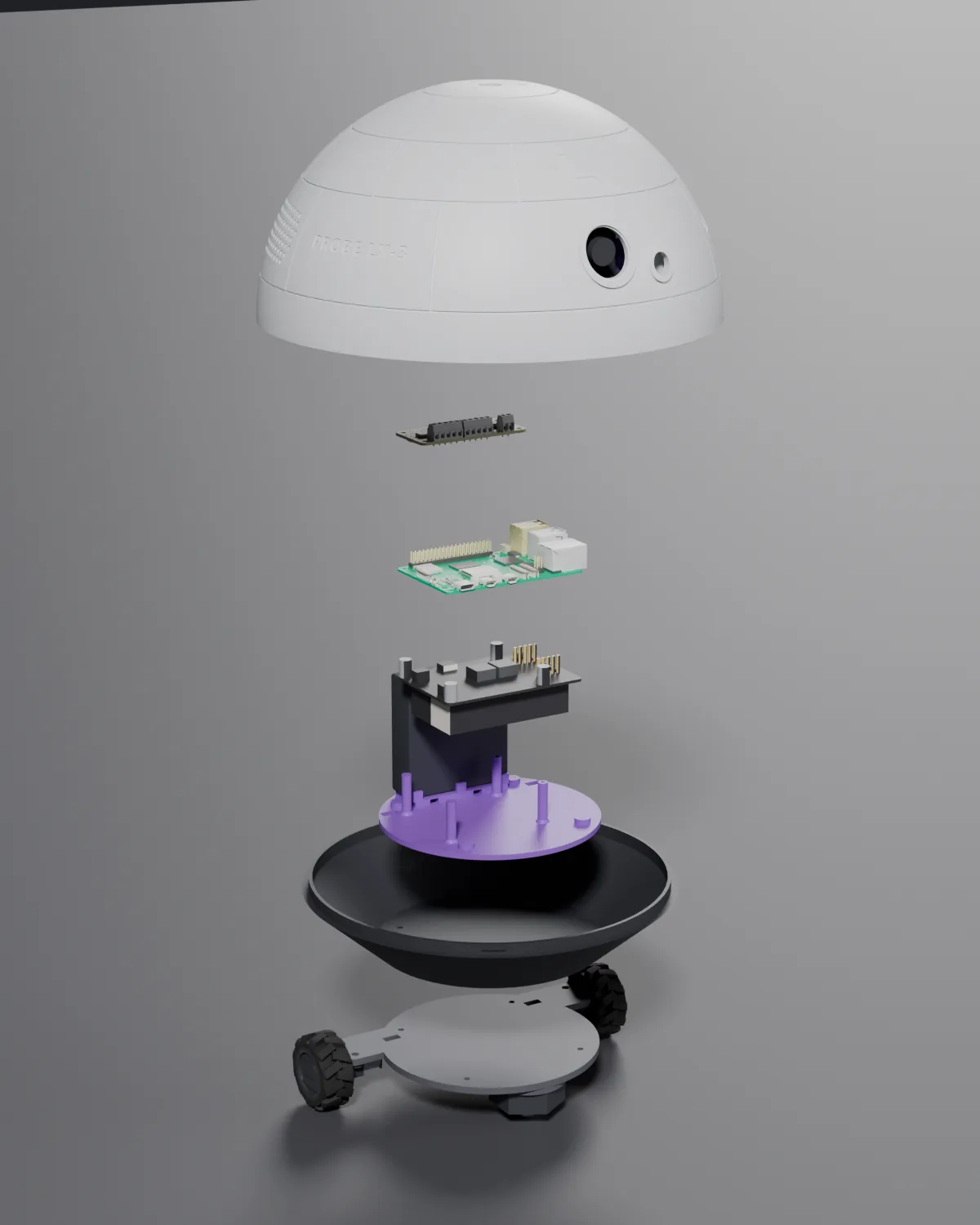 Exploded view of the PROBE LX-3 stack: dome, camera bracket, Raspberry Pi 5, motor bonnet and UPS, purple electronics tray, black base and the drive plate with its wheels