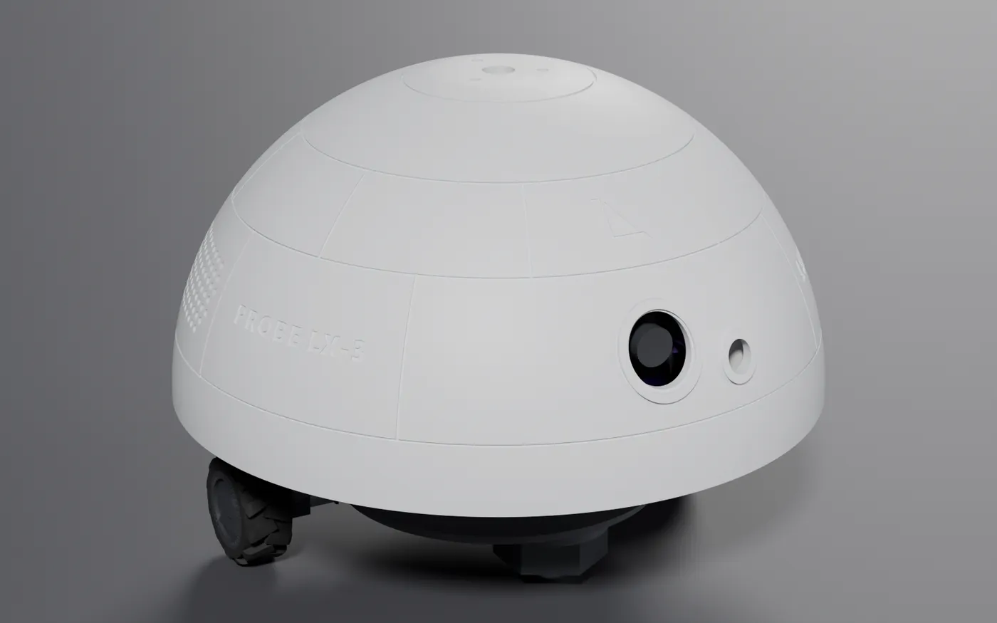 PROBE LX-3 rendered from the front three-quarter: a white dome with a camera and distance sensor on a black base with two treaded wheels