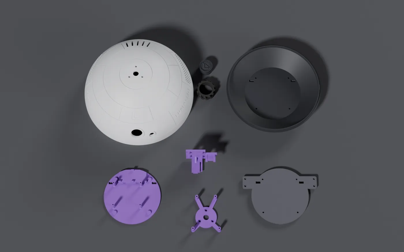 All eight printed PROBE LX-3 parts laid out: dome, base, electronics tray, drive plate, camera bracket, wheel hubs, tyres and the lidar adapter