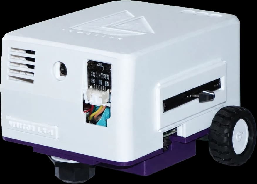 VISITOR LX-1 from the front three-quarter — white printed shell on a purple chassis